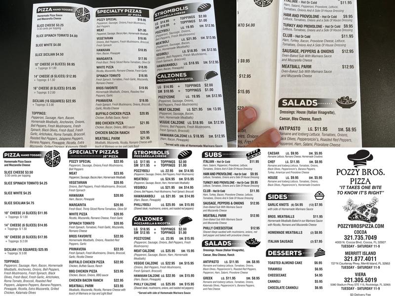 Pozzy Bros. Pizza Menu