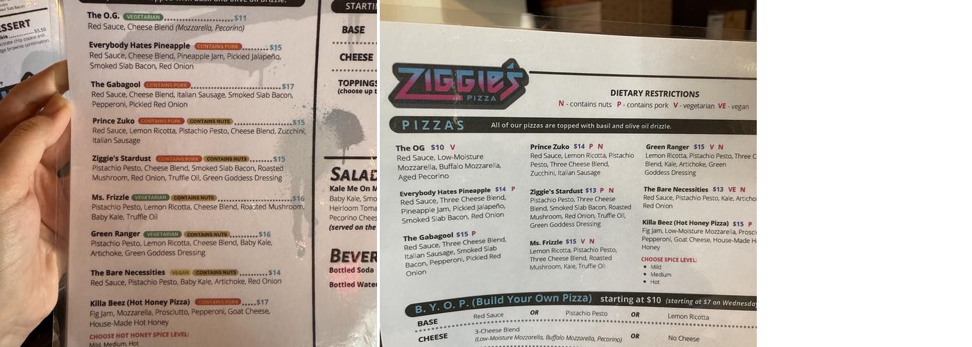 Ziggie's Pizza Menu