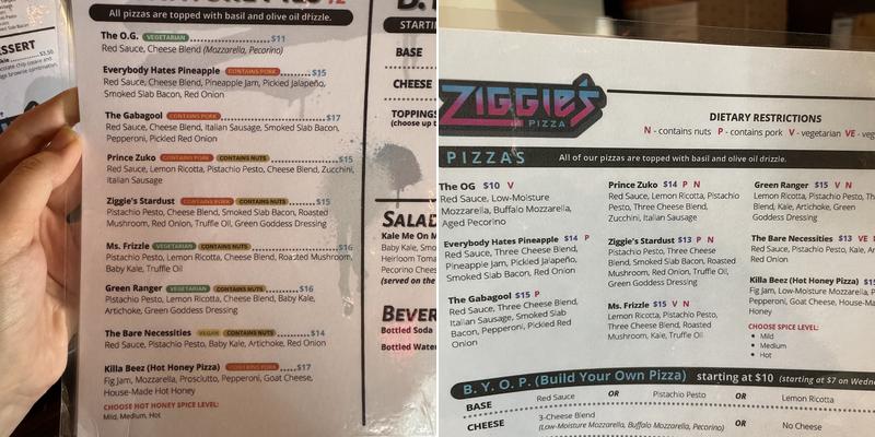 Ziggie's Pizza Menu