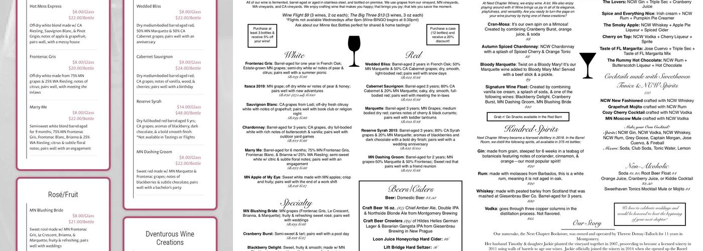 Next Chapter Winery Menu