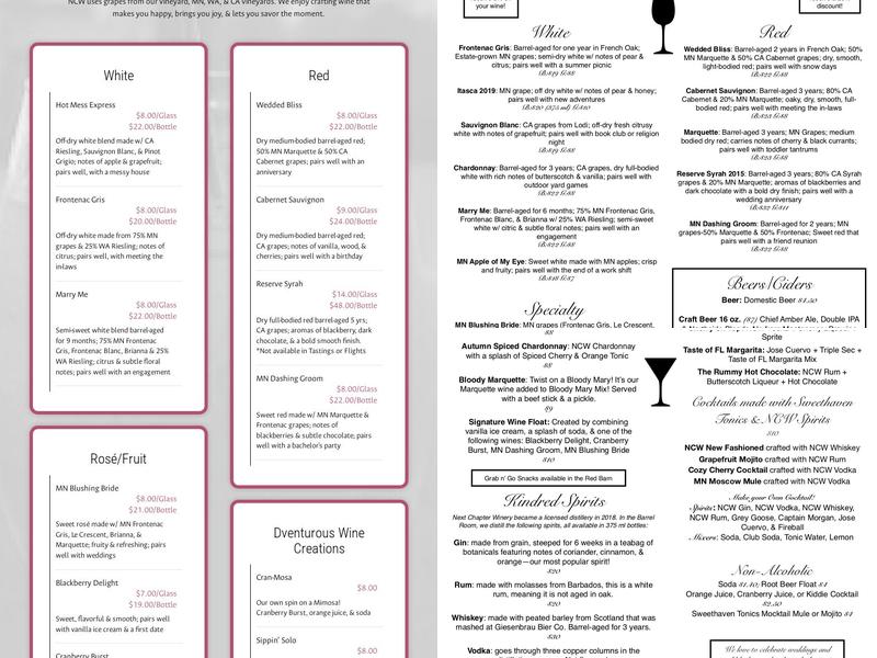 Next Chapter Winery Menu
