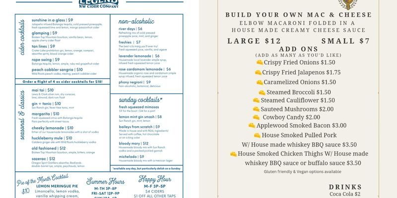 Legend Cider Company Menu