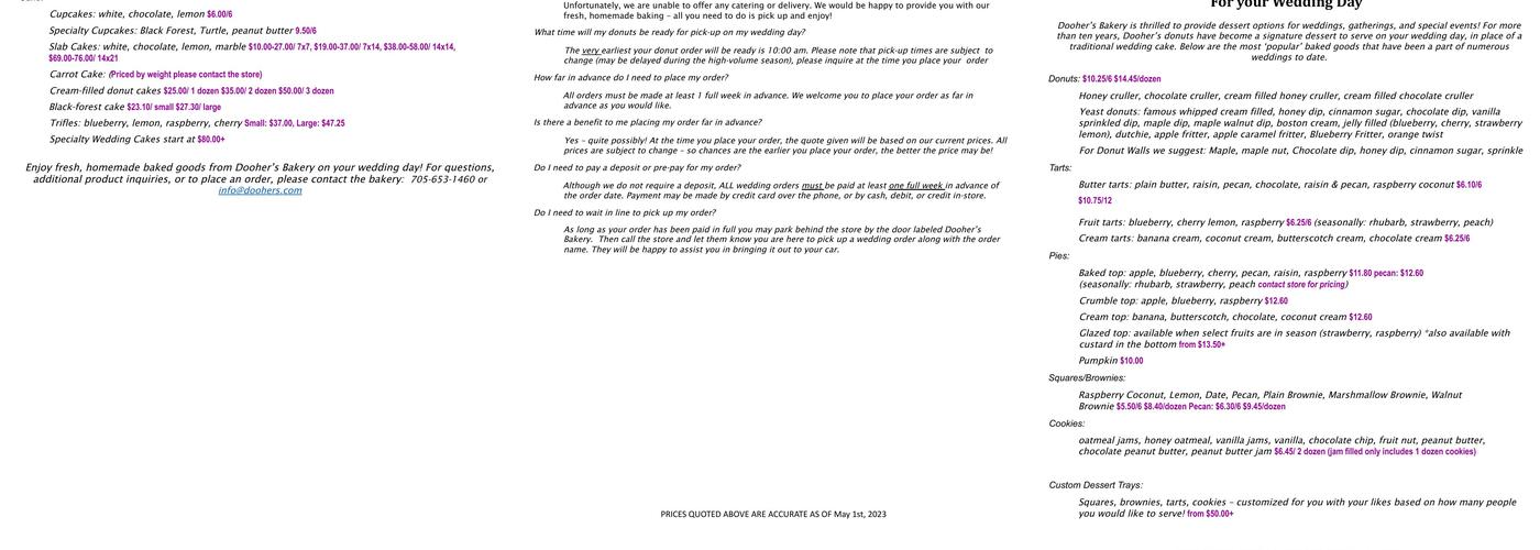 Dooher's Bakery Menu