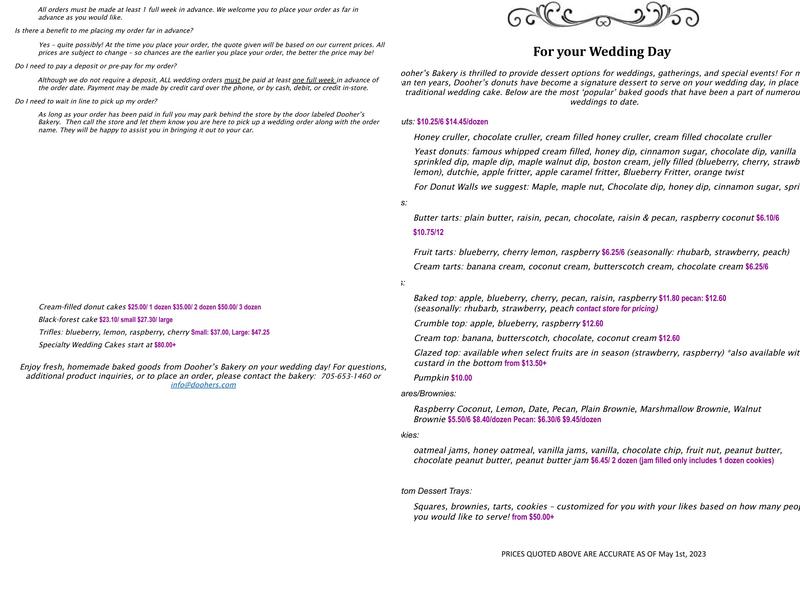 Dooher's Bakery Menu