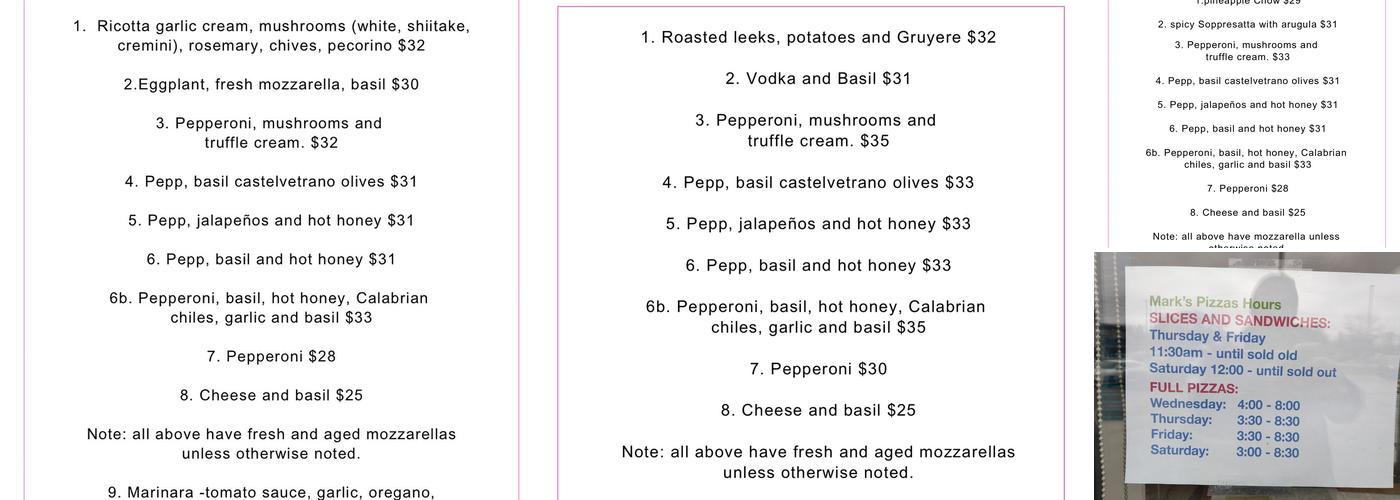 Mark's Pizzas Menu