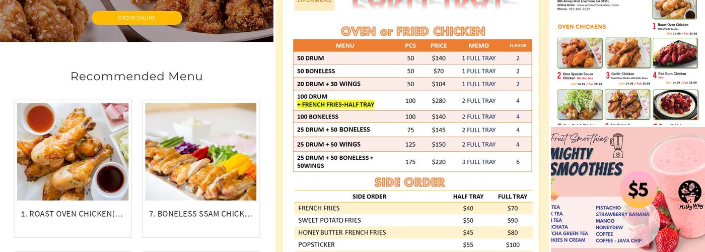 Vons Chicken Livermore Menu