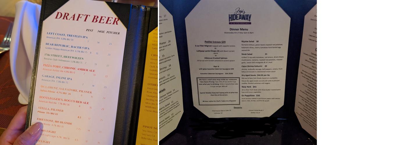 Jojo's Hideaway Menu