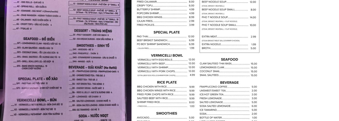 PHO T – Vietnamese Restaurant Menu