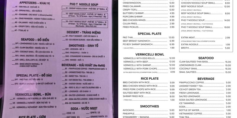 PHO T – Vietnamese Restaurant Menu