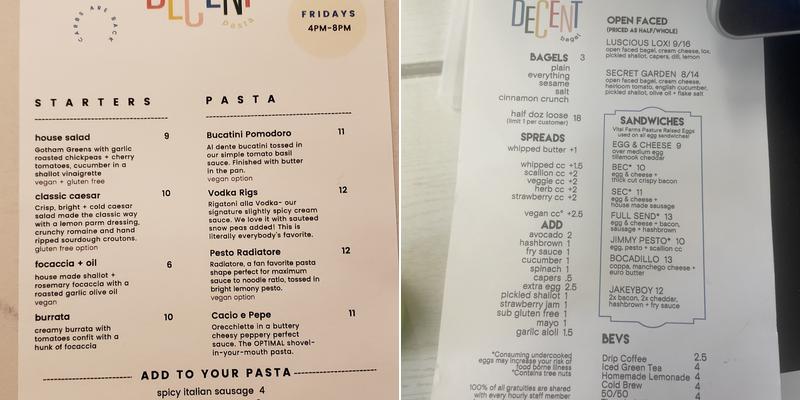 Decent Bagel Menu