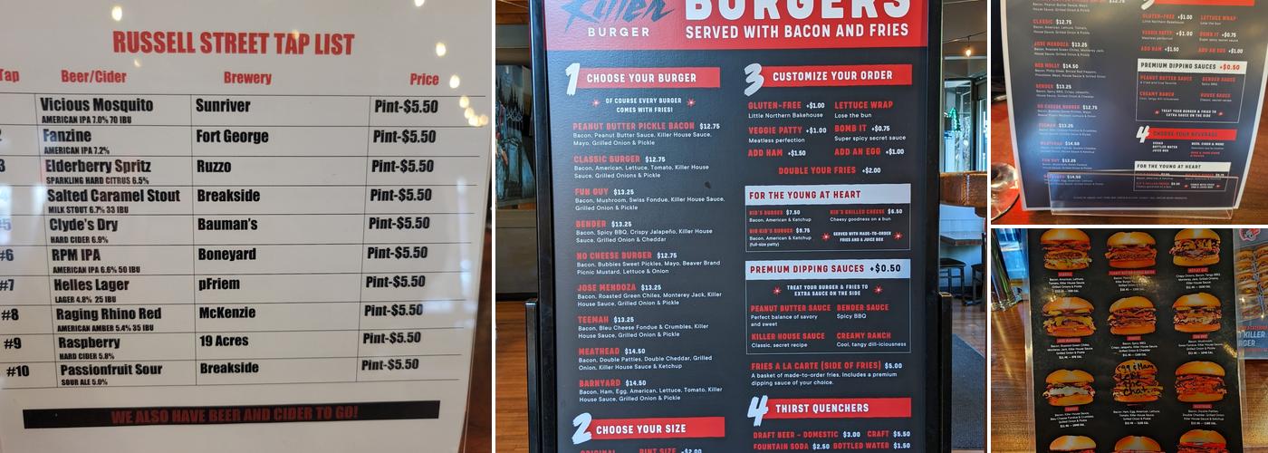 Killer Burger Russell Street Menu