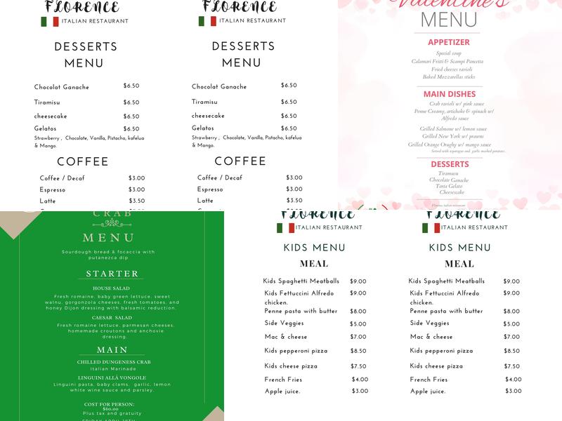 Florence Italian Restaurant Inc Menu