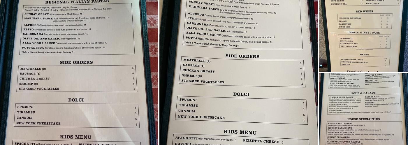 Jimmy D’s Spaghetti Joint Menu