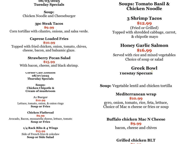 Corner Cafe Menu