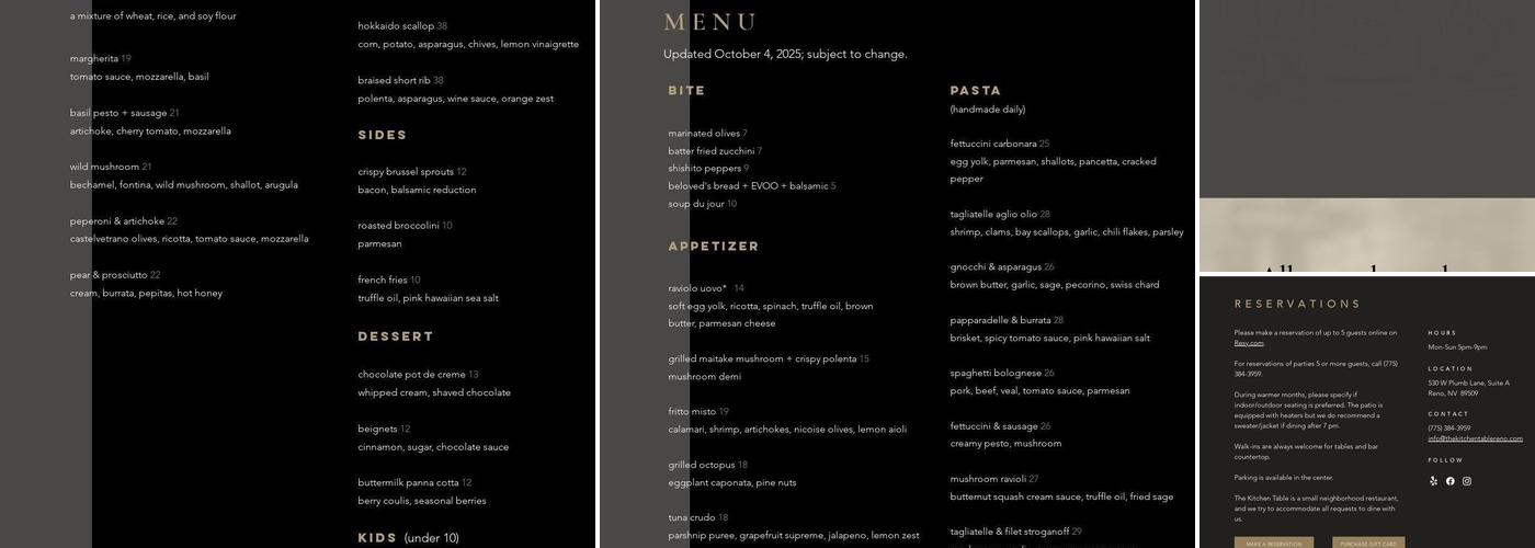 The Kitchen Table Reno Menu