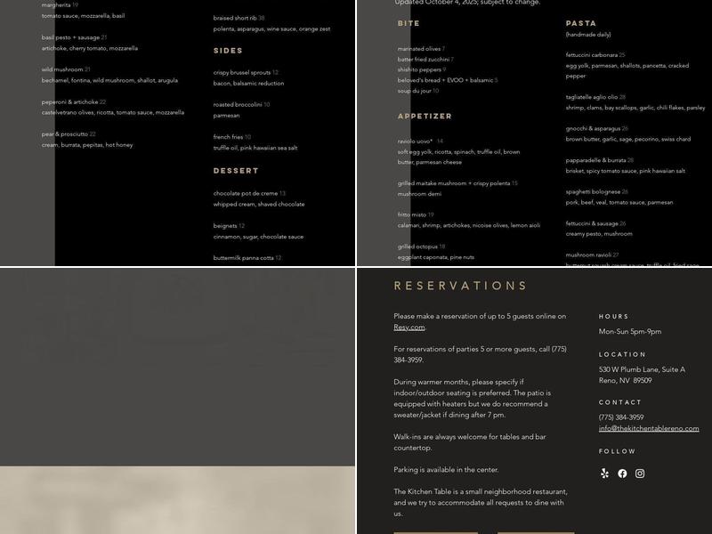 The Kitchen Table Reno Menu