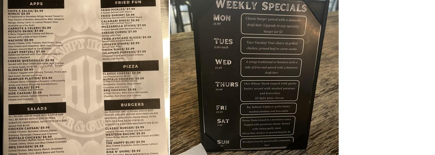 Happy Hours Bar & Grill on the BLVD Menu