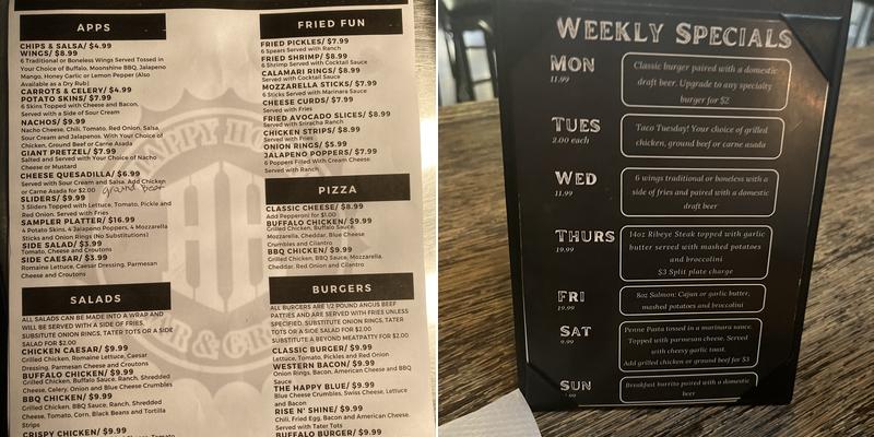 Happy Hours Bar & Grill on the BLVD Menu