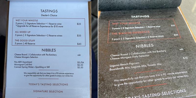 Bianchi Winery Laguna Beach Menu