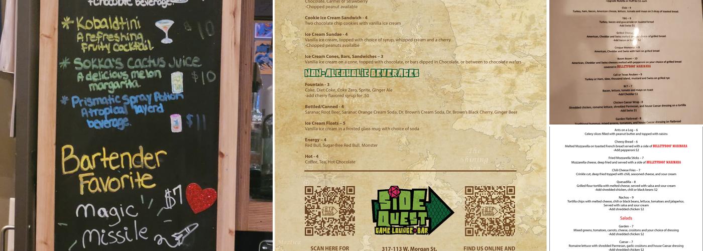 Side Quest Game Lounge + Bar Menu