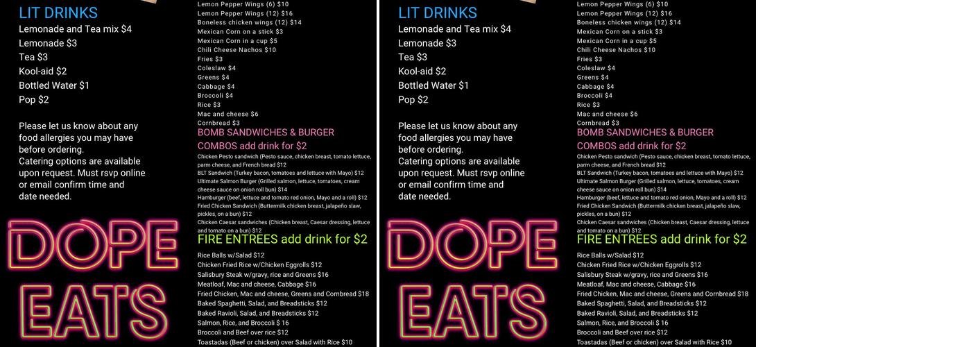 Dope Eats, LLC Menu