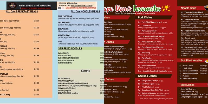 R&B Bread and Noodles (Taste of Filipino) Menu