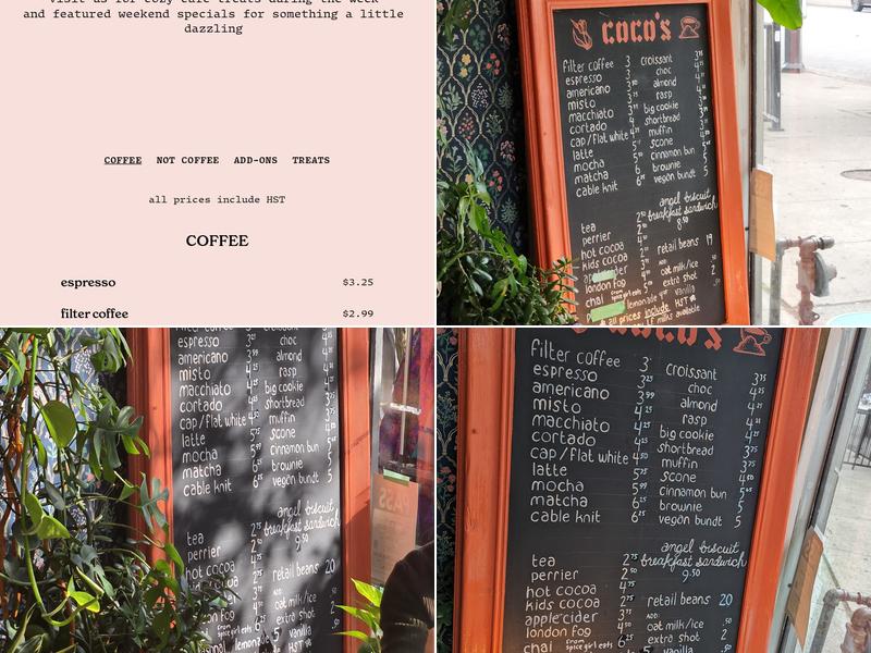 Coco's neighbourhood coffee shop Menu