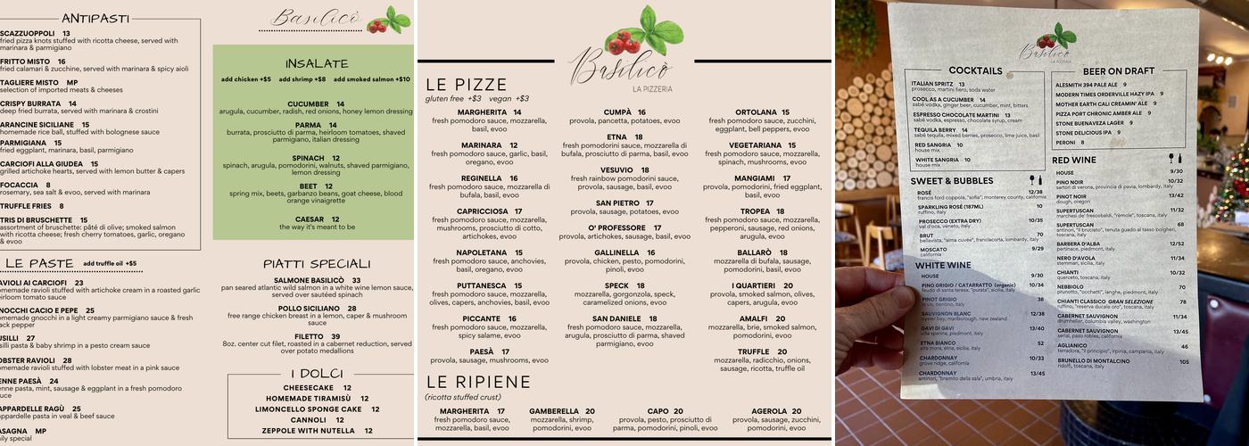 Basilicò La Pizzeria Menu