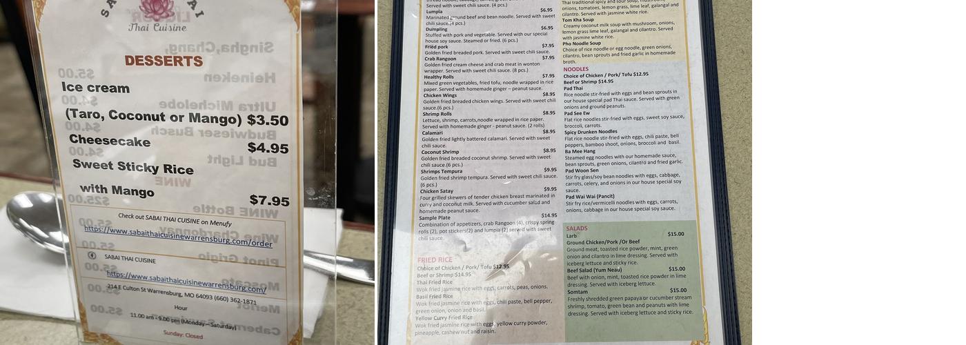 Sabai Thai Cuisine Menu