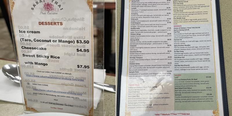 Sabai Thai Cuisine Menu