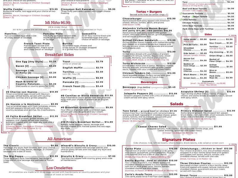 Primo's Modern Mexican Restaurant Menu