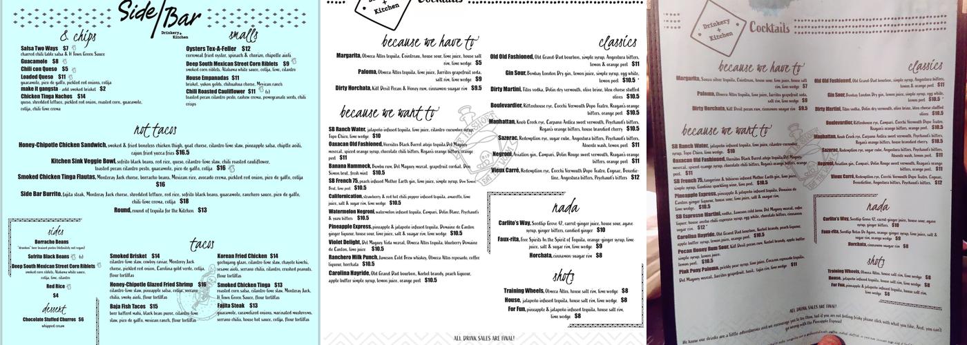 Side Bar - Drinkery + Kitchen Menu
