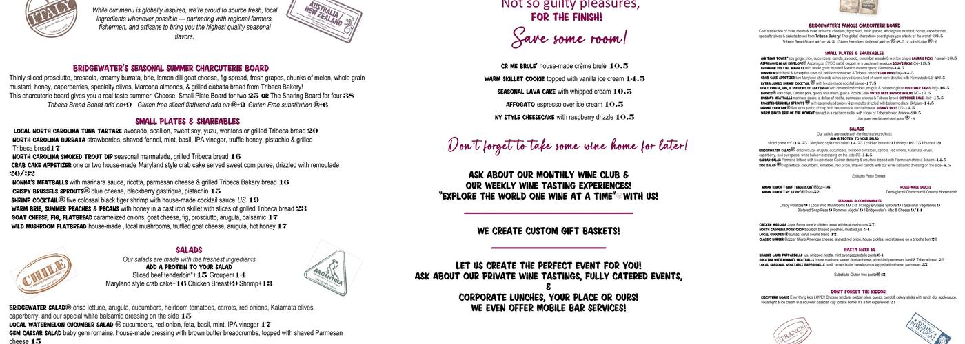 Bridgewater Wines+Dines Menu