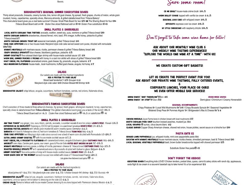 Bridgewater Wines+Dines Menu