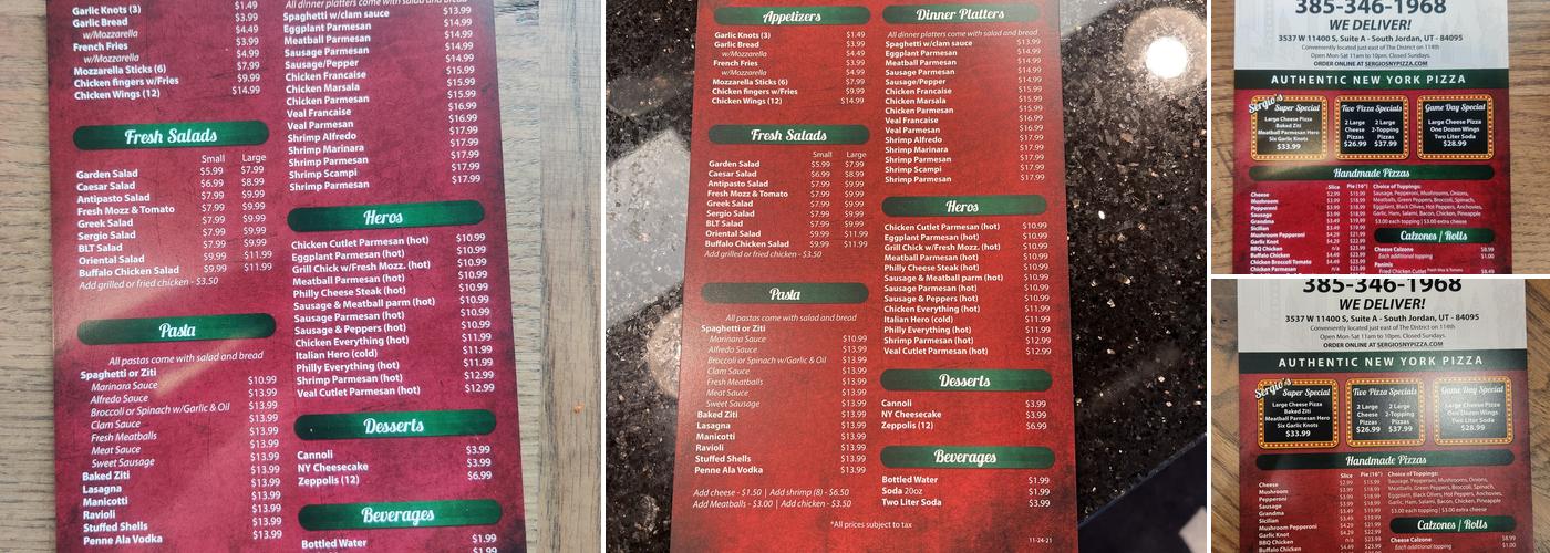 Sergio’s Pizza Menu