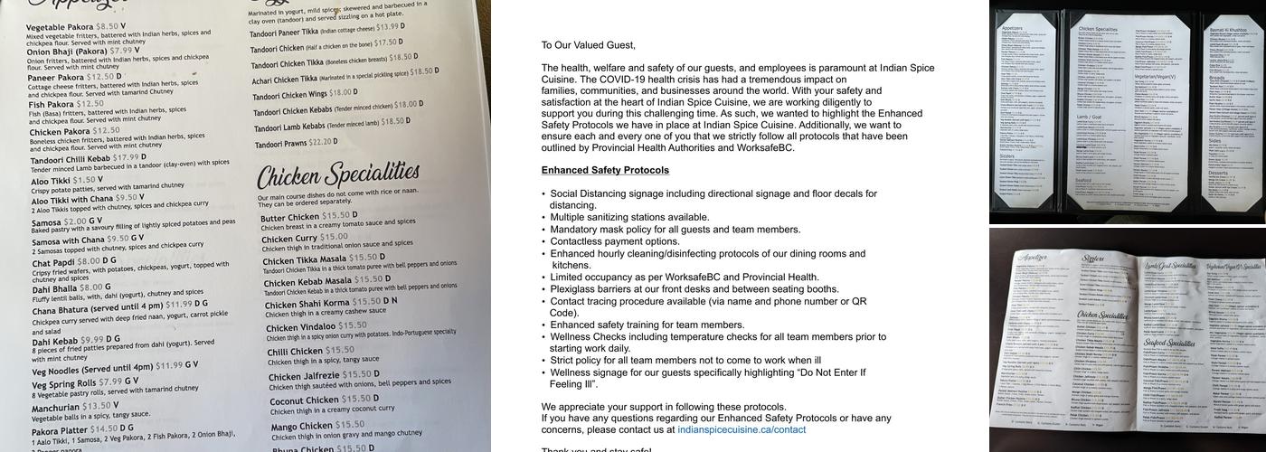 Indian Spice Cuisine Menu