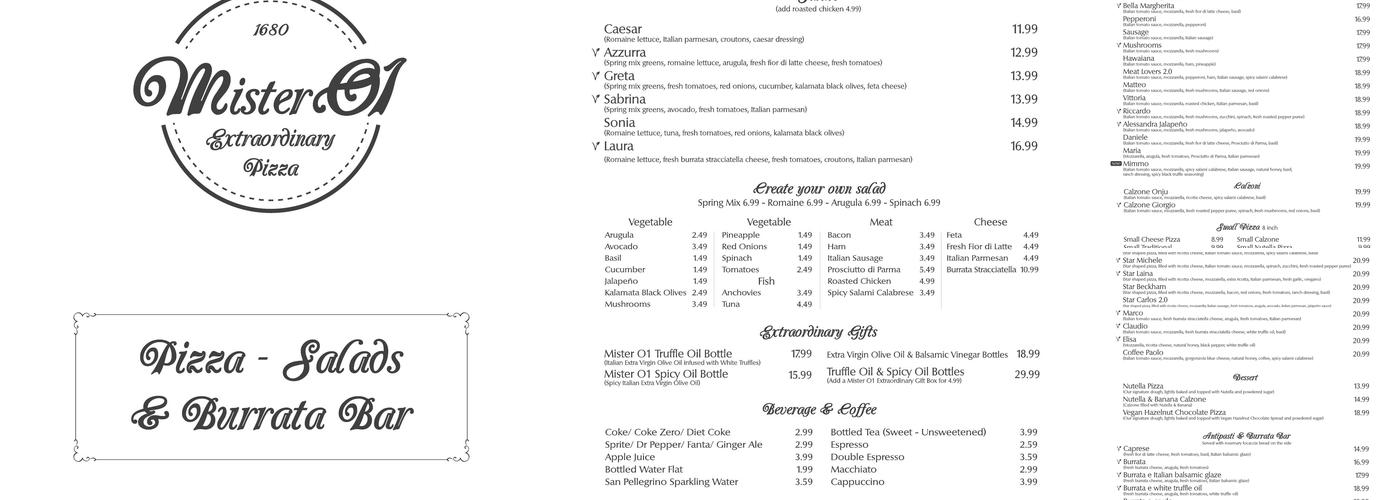 Mister O1 Extraordinary Pizza Melbourne Menu