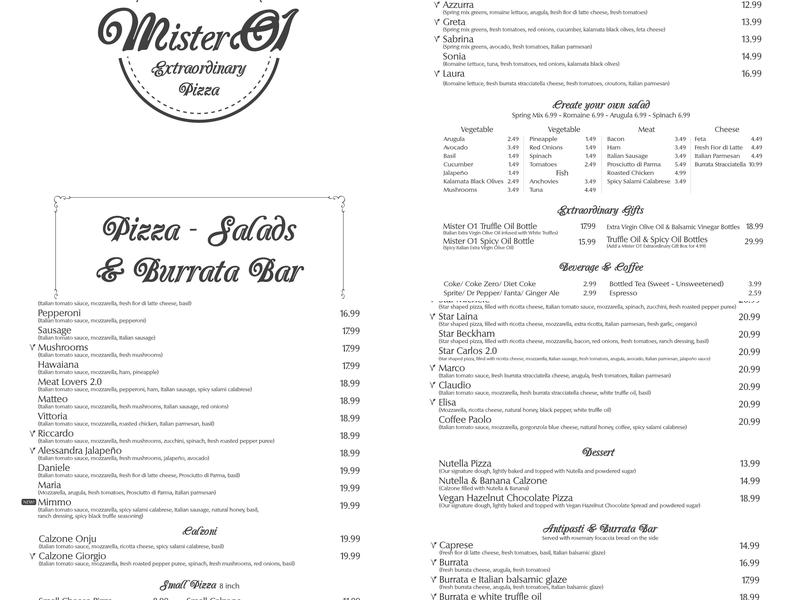 Mister O1 Extraordinary Pizza Melbourne Menu