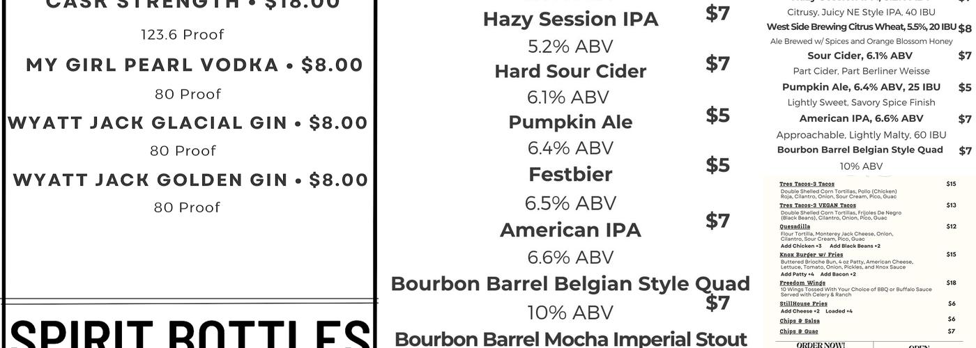 Knox Joseph Distillery at the OTR StillHouse Menu