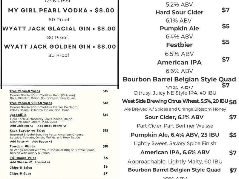 Knox Joseph Distillery at the OTR StillHouse Menu