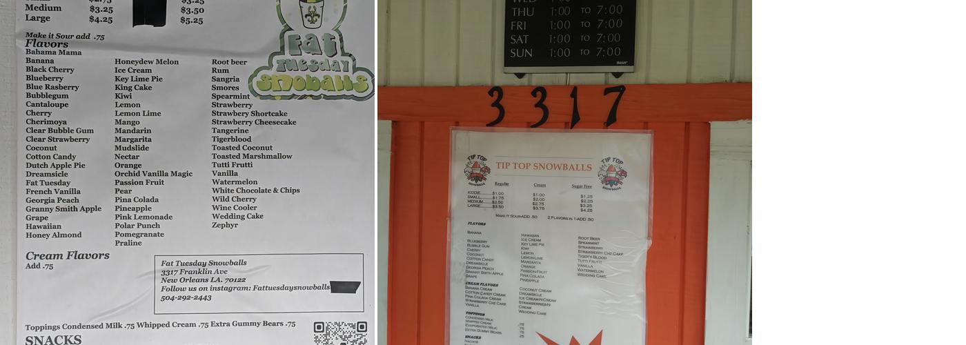Fat Tuesday Snowballs Menu