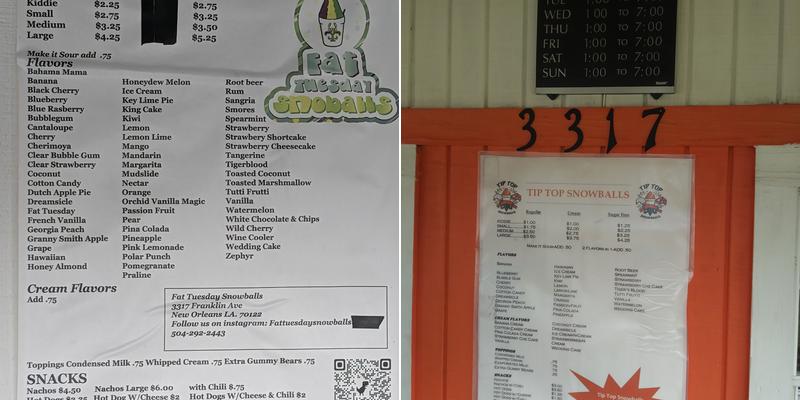 Fat Tuesday Snowballs Menu
