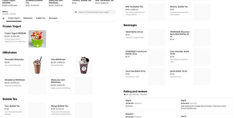 The Skinny Dip Frozen Yogurt Bar Hollywood Menu