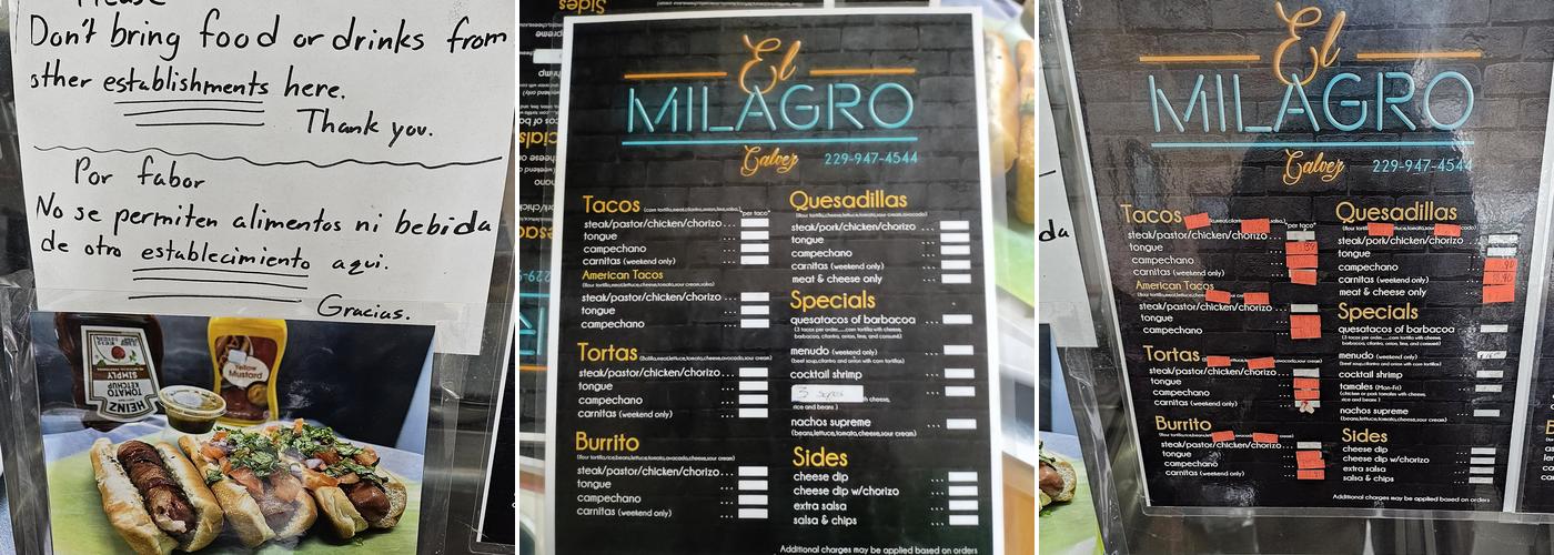 El Milagro Menu