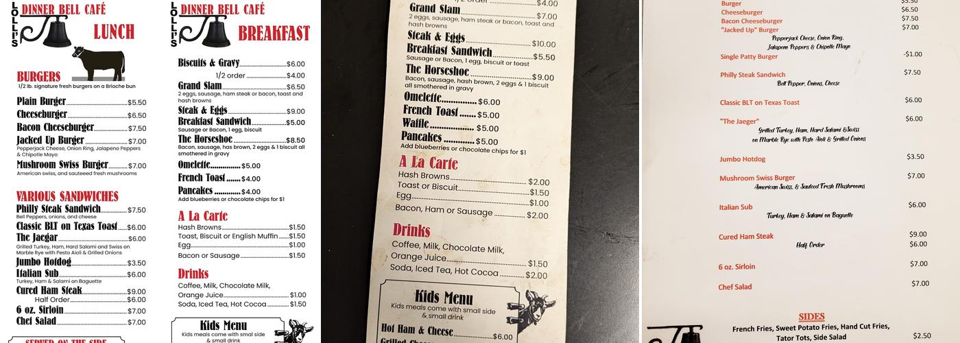 Dinner bell cafe Menu