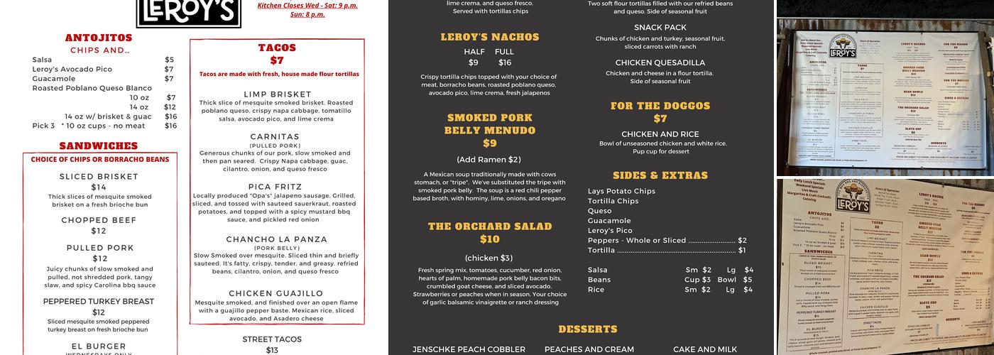 Leroy's Tex Mex BBQ Menu