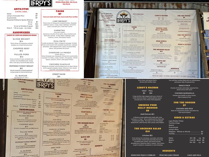 Leroy's Tex Mex BBQ Menu