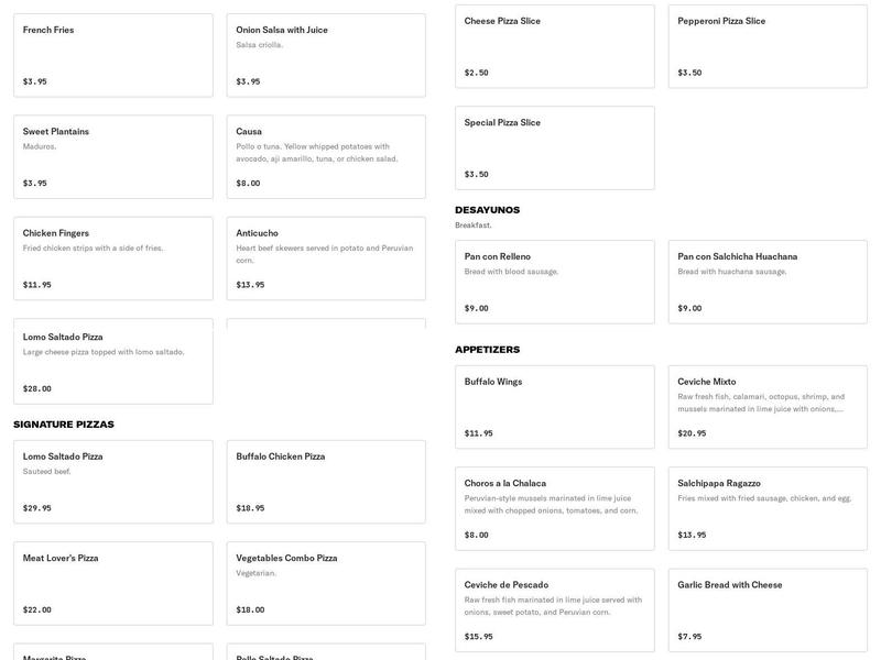 Ragazzo Peruvian Restaurant Menu