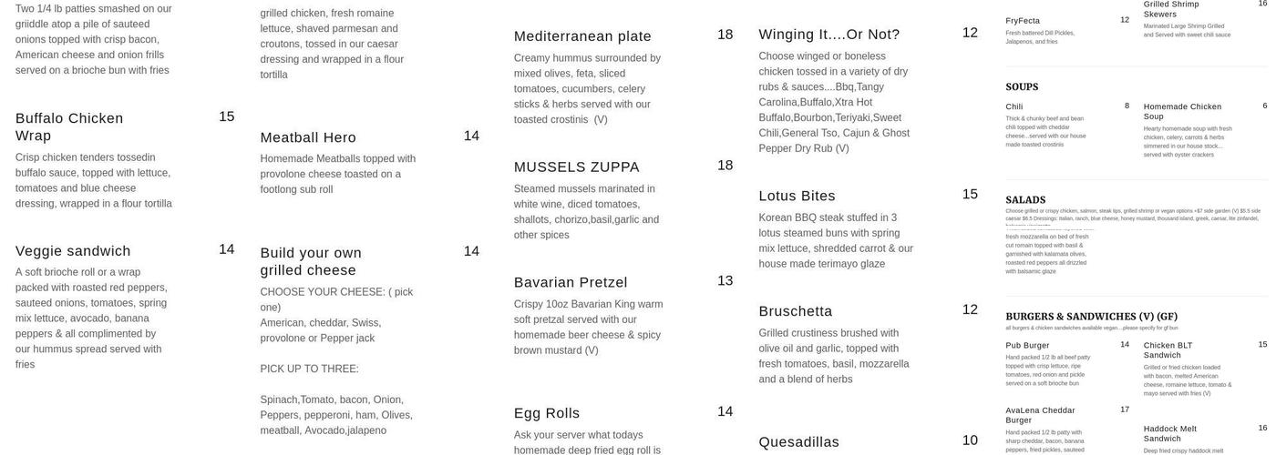 AvaLena's Bar + Grill Menu