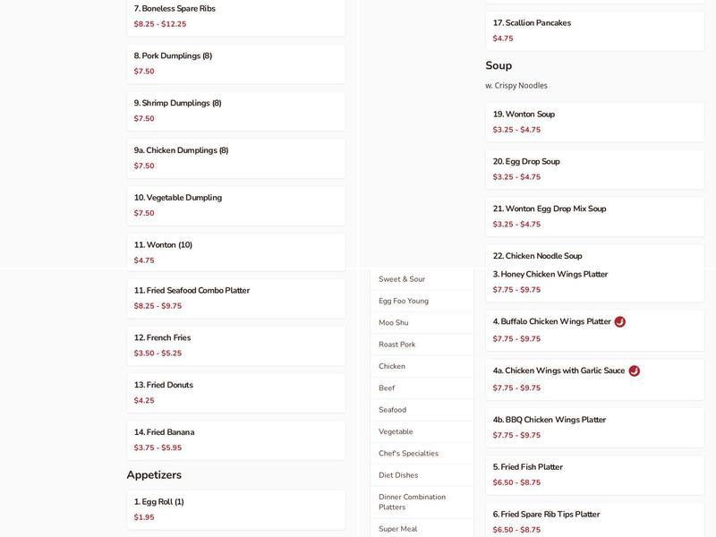 Great Wall Chinese restaurant Menu